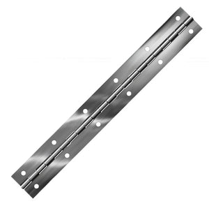 10065<br><b>STAINLESS STEEL CONTINUOUS HINGE<br>BRIGHT ANNEALED<br></b>BASS-40150 X 72" PC<br>Coined Countersunk Holes<br>Mat. Thickness - .040"/19 GA<br>Open Width - 1.50"<br>Knuckle Length - .5"