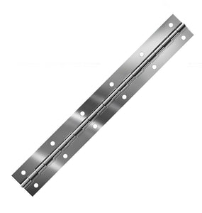 11880<br><b>STAINLESS STEEL CONTINUOUS HINGE<br>BRIGHT ANNEALED<br></b>BASS-60150-125-5 X 72" PC<br>Coined Countersunk Holes<br>Mat. Thickness - .060"/16 GA<br>Open Width - 1.5"<br>Knuckle Length - .5"