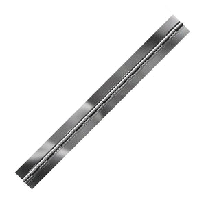 10060<br><b>STAINLESS STEEL CONTINUOUS HINGE<br>BRIGHT ANNEALED<br></b>BASS-40125 X 72" B<br>No Holes<br>Mat. Thickness - .040"/19 GA<br>Open Width - 1.25"<br>Knuckle Length - .5"
