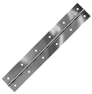 10066<br><b>STAINLESS STEEL CONTINUOUS HINGE<br>BRIGHT ANNEALED<br></b>BASS-40200 X 72" PC<br>Coined Countersunk Holes<br>Mat. Thickness - .040"/19 GA<br>Open Width - 2"<br>Knuckle Length - .5"